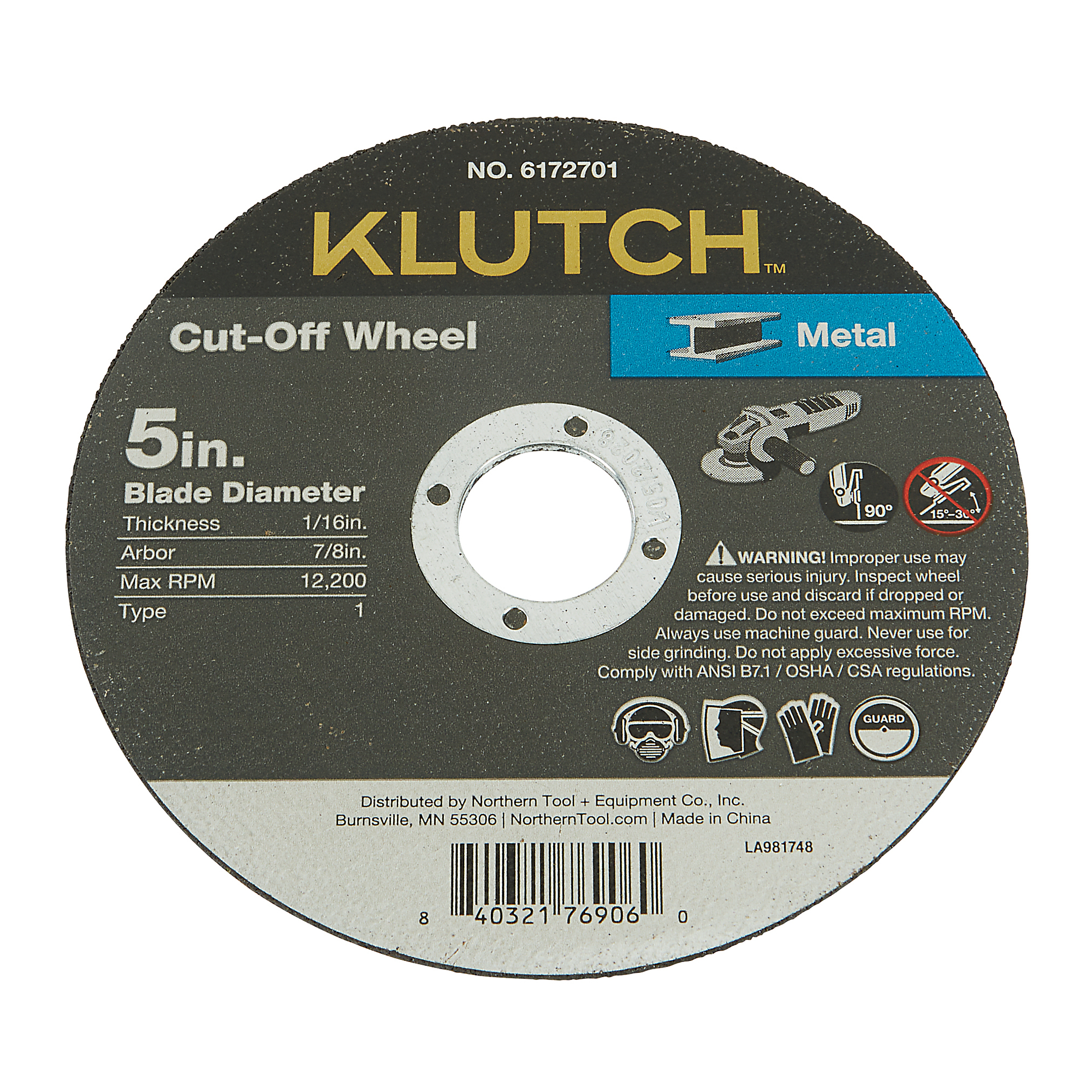 Klutch Metal Cutoff Wheel, 5in. x 1/16in. x 7/8in., Type 1